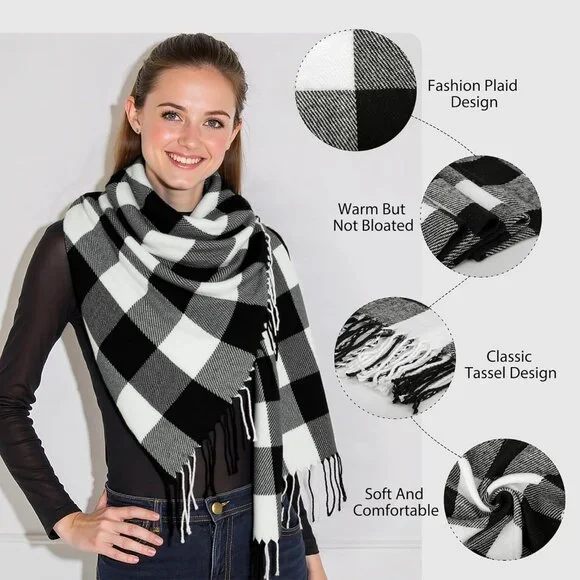 Women's White Gray Lattice Scarf Fashion Long Plaid Shawls Wraps Big Grid Winter - Picture 2 of 7